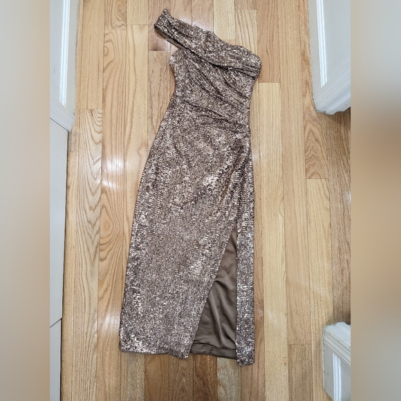 6. NWT JONATHAN SIMKHAI ZAY HAMMERED SEQUIN DRAPED BUSTIER MIDI DRESS - Picture 6 of 7
